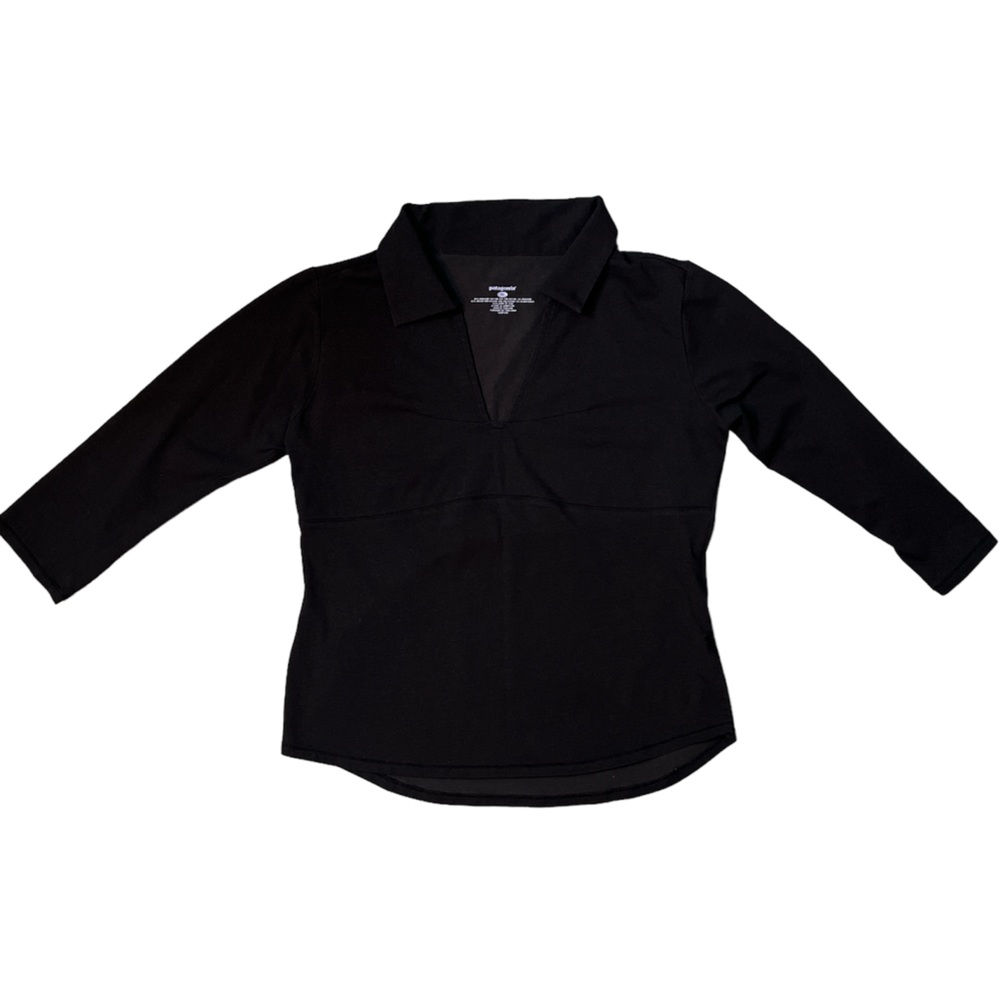 Patagonia Women’s 3/4 Sleeve V-Neck Collared Black Wicking Shirt Top, Medium